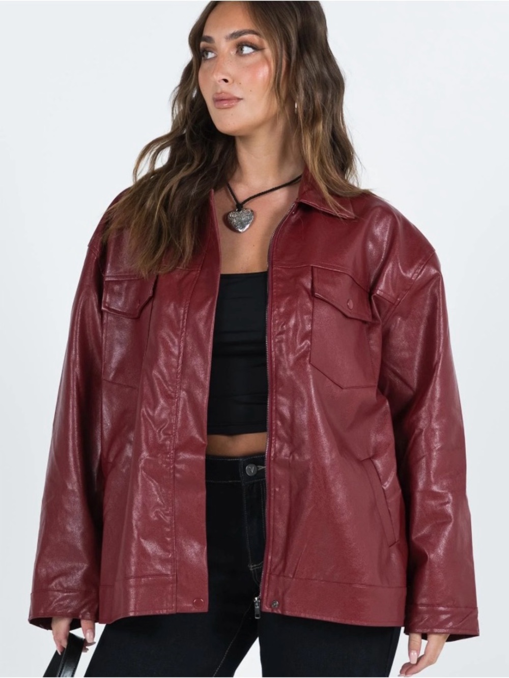 Princess Polly Callie Burgundy Faux Leather Bomber Jacket, size 6 - Picture 2 of 12